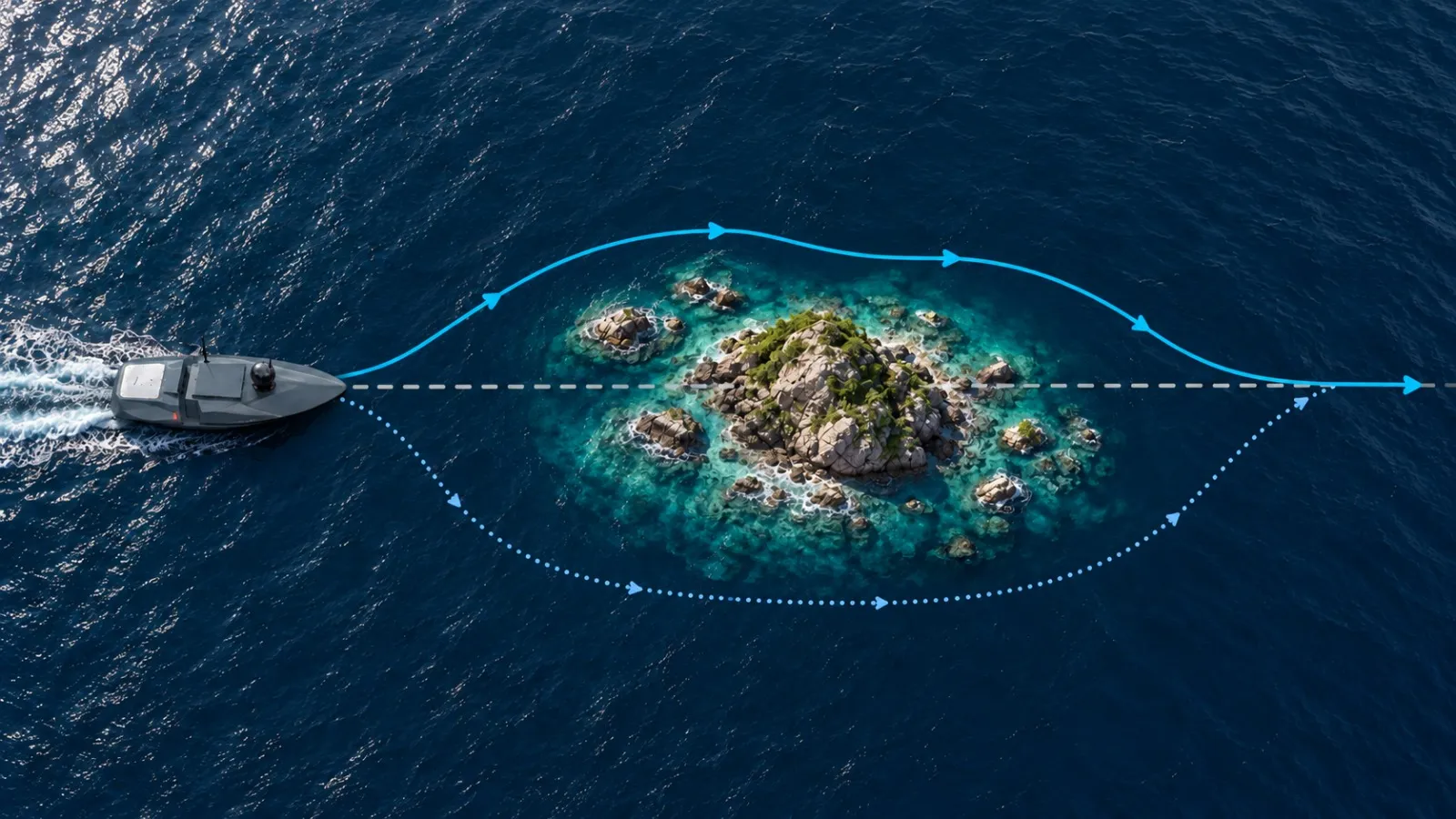 Autonomous surface vessel steering around a rocky island to avoid an obstacle