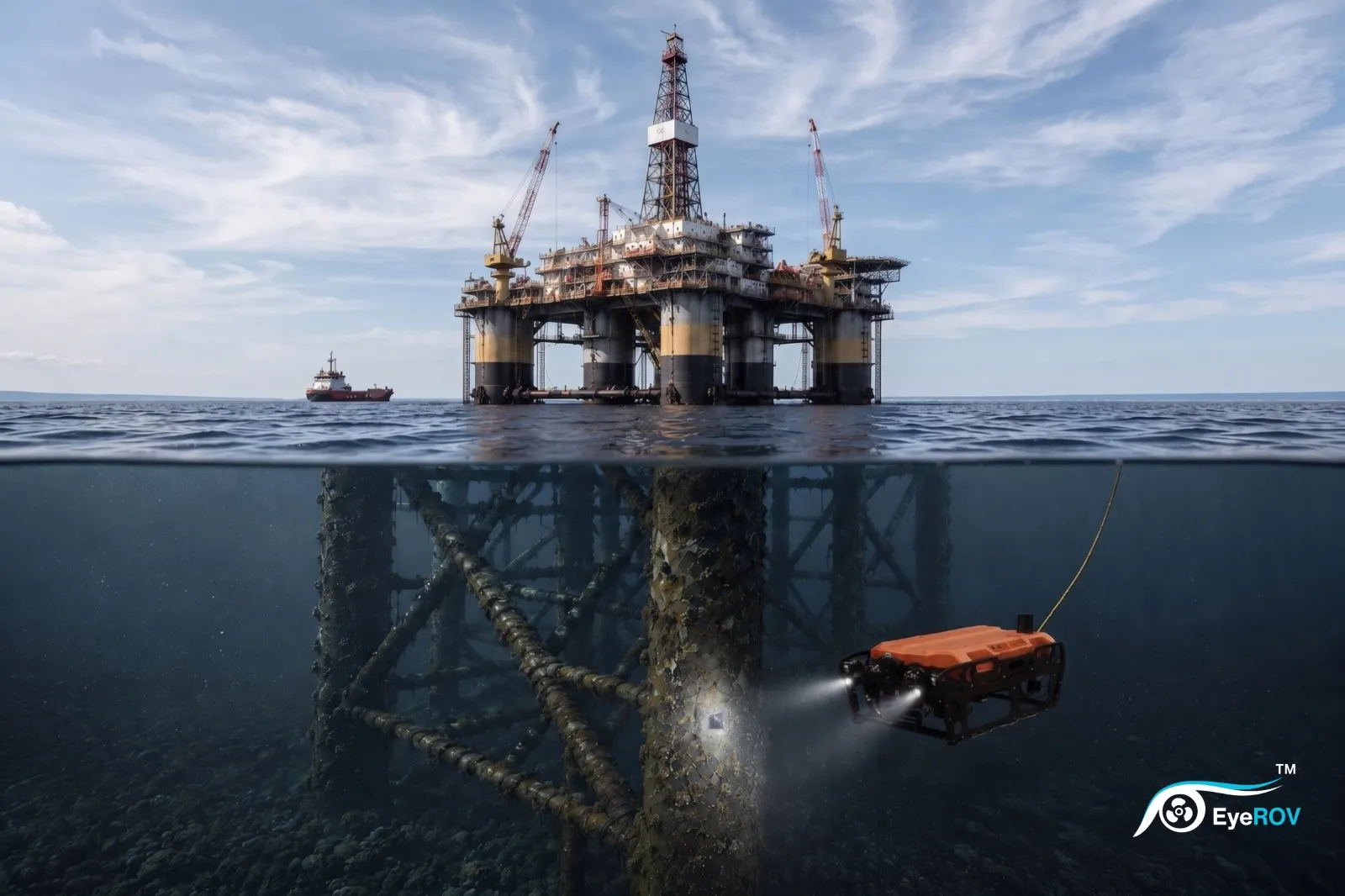 EyeROV ROV inspecting the underwater jacket of a semi-submersible offshore drilling platform