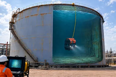 Orange ROV with forward inspection lights inspecting the interior of a water tank