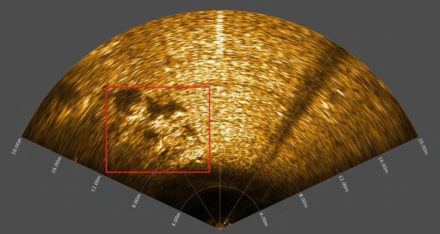 Sonar image showing a reef formation detected in low-visibility water